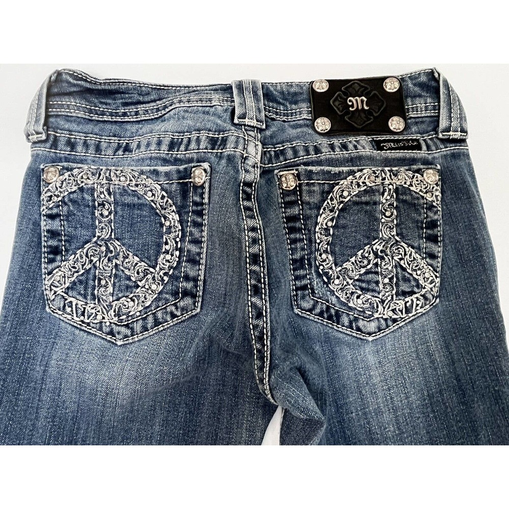 Miss Me Peace Sign Signature Boot Cut Blue Jeans Women Size 28 Embellished